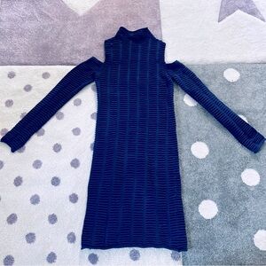 French Connection Blue Ribbed Knit Sweater Dress Cold Shoulder Mock Neck